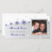 青、銀の灰色のスノーフレークの結婚式の日付を保存 セーブザデート (正面/裏面)