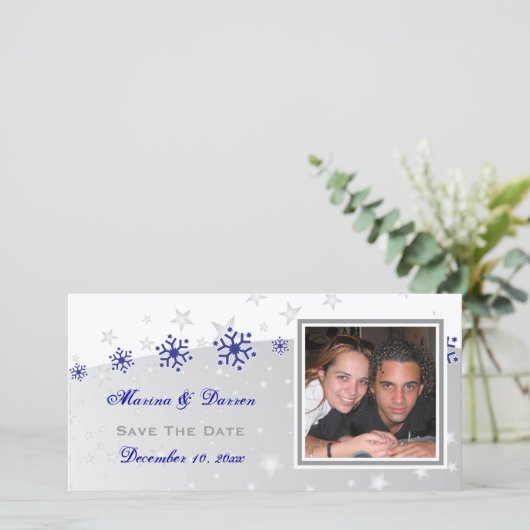 青、銀の灰色のスノーフレークの結婚式の日付を保存 セーブザデート (スタンド正面)