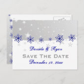 青、銀の灰色のスノーフレークの結婚式の日付を保存 案内ポストカード (正面/裏面)