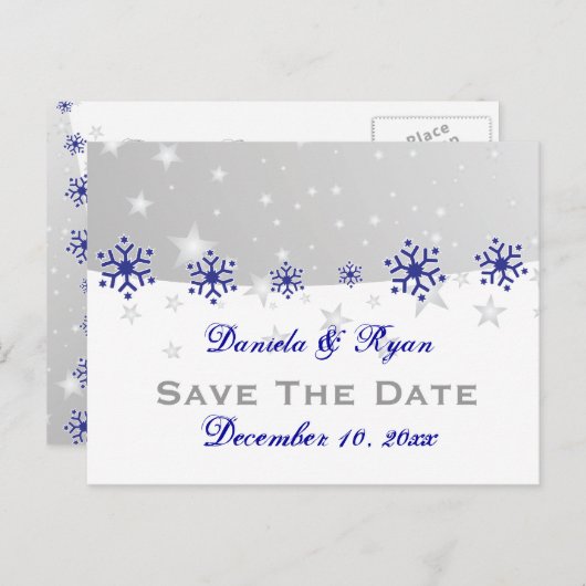 青、銀の灰色のスノーフレークの結婚式の日付を保存 案内ポストカード (正面/裏面)