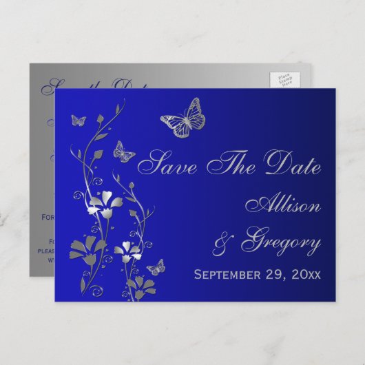 青、銀の蝶の日付はがきを保存 案内ポストカード (正面/裏面)