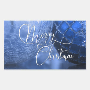 青、銀及び白いメリークリスマスの挨拶 長方形シール