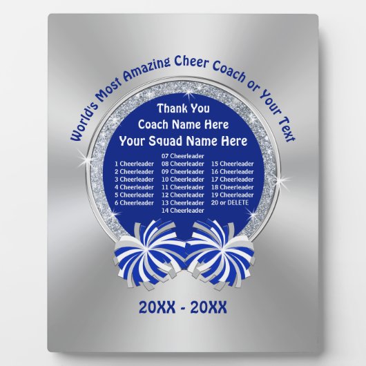 青、銀、白のチアリーティングコーチの贈り物 フォトプラーク (正面)