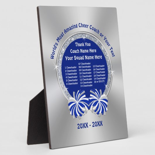 青、銀、白のチアリーティングコーチの贈り物 フォトプラーク (側面)