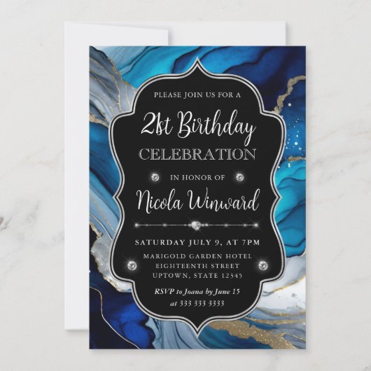 青、銀、金のアルコールインク 21歳の誕生日 招待状 (正面)