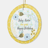 青、黄色の背景の漫画(昆虫)マルハナバチ セラミックオーナメント (左)