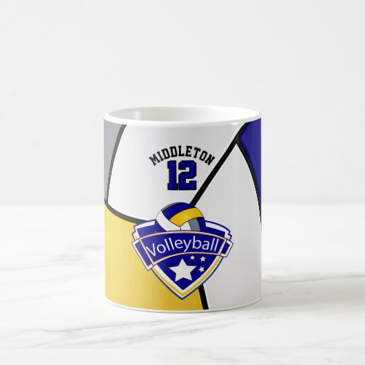 青、黄色、白いおよび灰色のバレーボールのデザイン コーヒーマグカップ (中央)