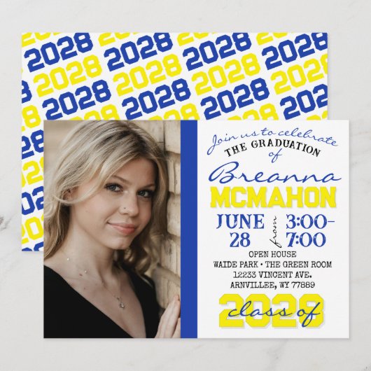 青、黄色 & 白の卒業写真招待状 招待状 (正面/裏面)
