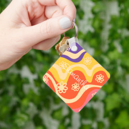 青、黄、オレンジ、ピンクのフローラ抽象芸術 キーホルダー