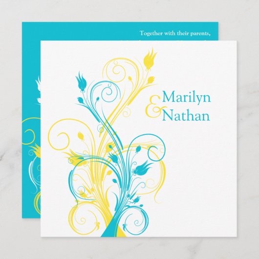青、黄、白のフローラ平方結婚式招待状 招待状 (正面/裏面)