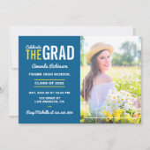 青、黄、白の卒業式パーティーの写真 招待状 (正面)