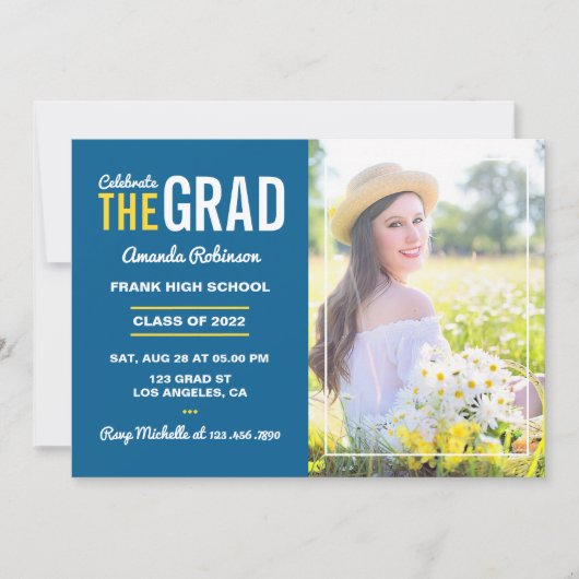 青、黄、白の卒業式パーティーの写真 招待状 (正面)