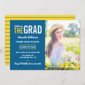 青、黄、白の卒業式パーティーの写真 招待状 (正面/裏面)