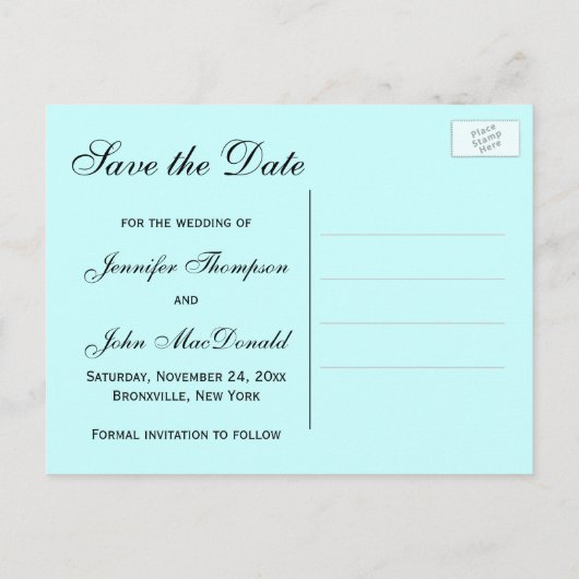 青、黒のシャンデリアのダマスク日付カードを保存 案内ポストカード (裏面)