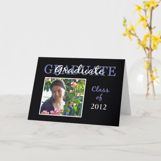 青/黒の卒業おめでとうフォトカード カード (黄色い花)