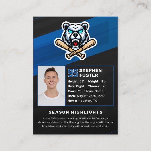 青・黒の野球トレーディングカード、野球カード コーリングカード (裏面)