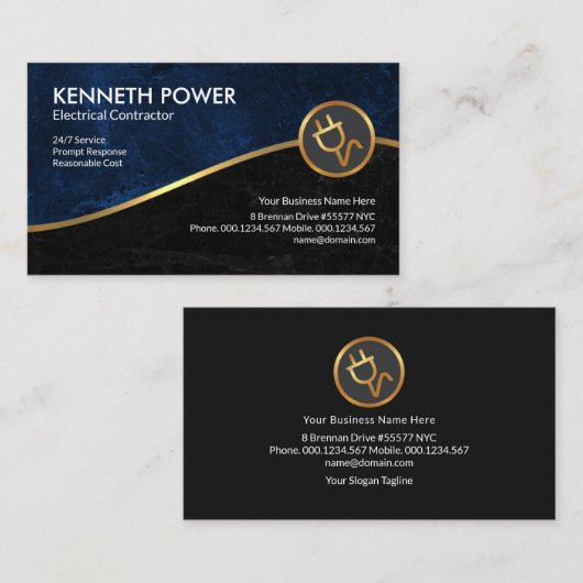 青・黒グランジ金ゴールドフェイク波電気技師 名刺 (正面/裏面)