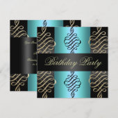青/黒 スワール エレガント デザイン 誕生日 招待状 (正面/裏面)