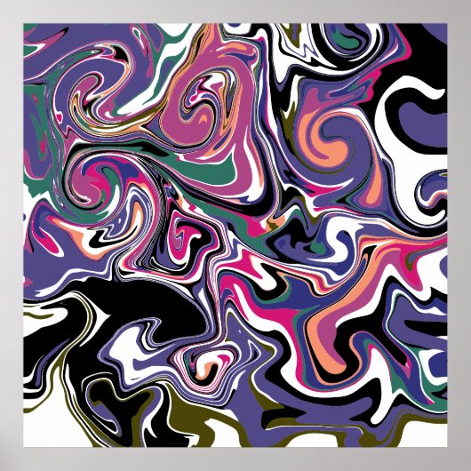 青、黒、珊瑚、白い渦巻きアートのような大理石 ポスター (正面)
