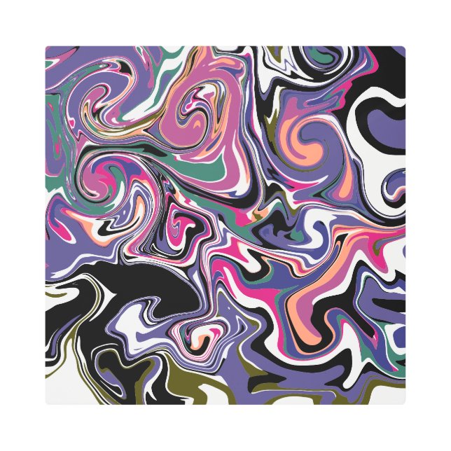 青、黒、珊瑚、白い渦巻きアートのような大理石 メタルプリント (正面)