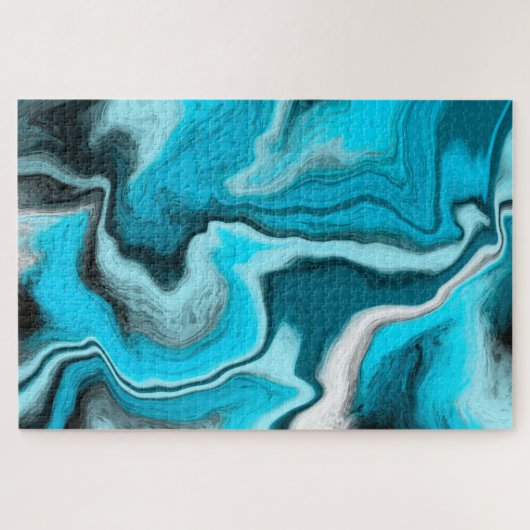 青、黒、白の大理石の流体アート ジグソーパズル (横)