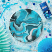 青、黒、白の大理石の流体アート ペーパープレート (パーティー)