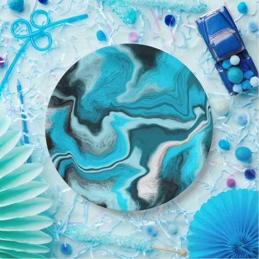 青、黒、白の大理石の流体アート ペーパープレート (パーティー)