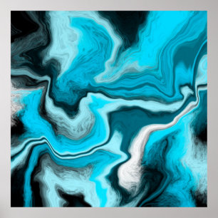 青、黒、白の大理石の流体アート ポスター