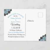 青、黒、白の結婚式の日付を保存 案内ポストカード (裏面)