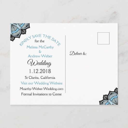 青、黒、白の結婚式の日付を保存 案内ポストカード (裏面)