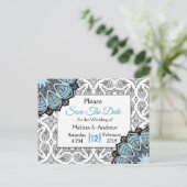 青、黒、白の結婚式の日付を保存 案内ポストカード (スタンド正面)