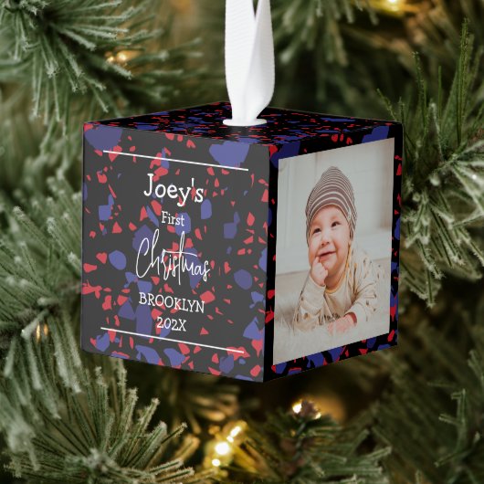 青、黒、赤のベビー初めてのクリスマス3枚の写真 キューブオーナメント (ツリー)