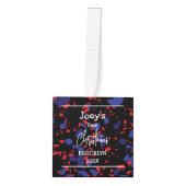 青、黒、赤のベビー初めてのクリスマス3枚の写真 キューブオーナメント (正面)