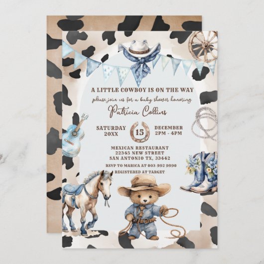 青A小さなカウボーイカントリー西の赤ちゃんシャワー 招待状 (正面/裏面)