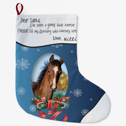 青ADD YOUR HORSE写真と名前Santa親愛 ラージクリスマスストッキング (正面)