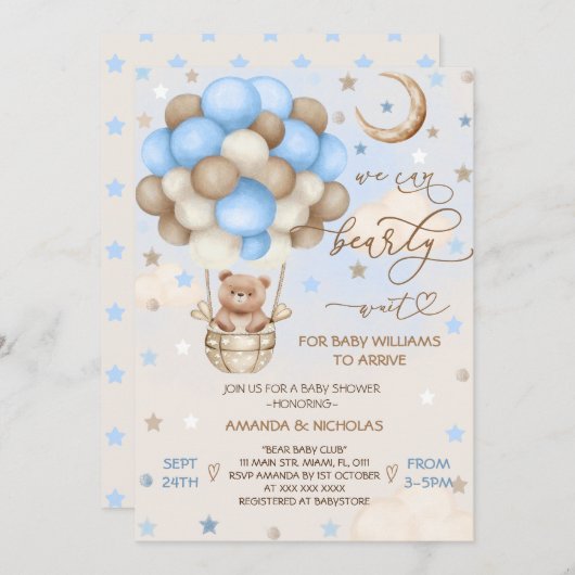 青Bearly待ちテディベア男の子ベイビーシャワー 招待状 (正面/裏面)
