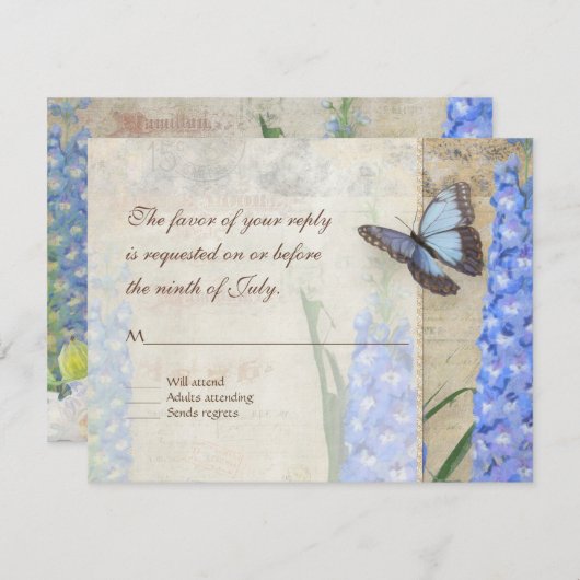 青n白フローラ蝶の植物花 出欠カード (正面/裏面)