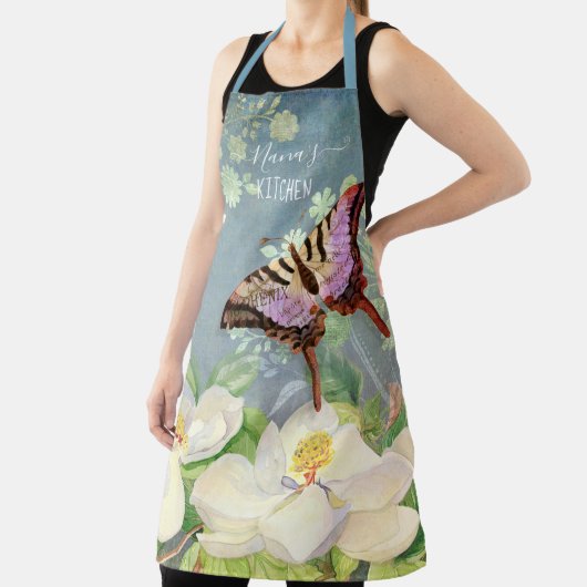 青n白水彩マグノリアフローラバタフライ エプロン (インサイチュ)