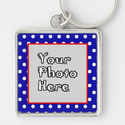 青n白水玉模様赤トリムフォトフレーム キーホルダー (正面)