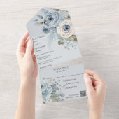 青QRコード上のアイス淡い色のブルー冬フローラ オールインワン招待状 (貼ってはがせる)