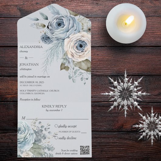 青QRコード上のアイス淡い色のブルー冬フローラ オールインワン招待状