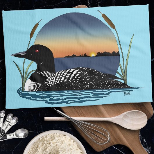 静かなアオガモの夕焼けブルー野生生物の湖 キッチンタオル
