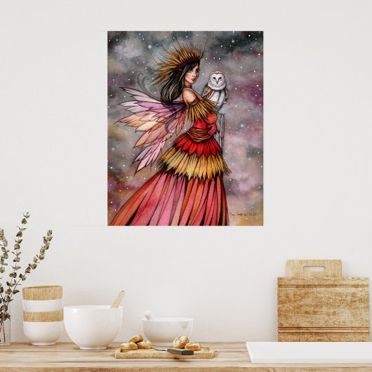 静かなエンバーフェアリーとフクロウのファンタジーアート ポスター (キッチン)