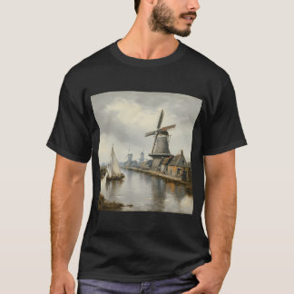 静かなオランダの風景　運河の帆船と風車 Tシャツ