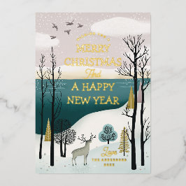 静かな冬の森と鹿 | ゴールドのクリスマス 箔シーズンカード