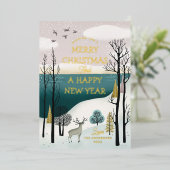 静かな冬の森と鹿 | ゴールドのクリスマス 箔シーズンカード (立ち正面)