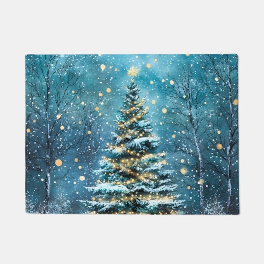 静かな夜の輝くクリスマスツリー ドアマット (正面)