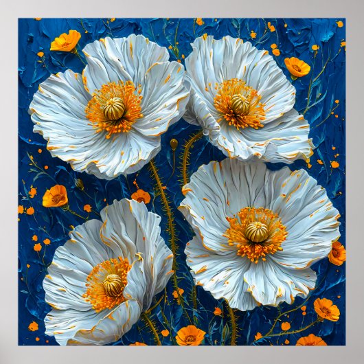 🌼 静かな家のための白い花の油絵 ポスター (正面)