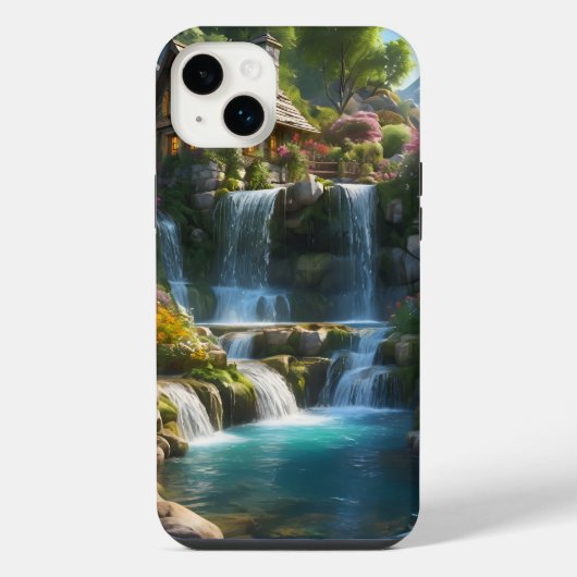 静かな山の小屋の滝の花 iPhoneケース (裏面)