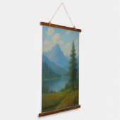 静かな山の湖の風景ウォールアート 吊り下げ型タペストリー (傾斜あり)